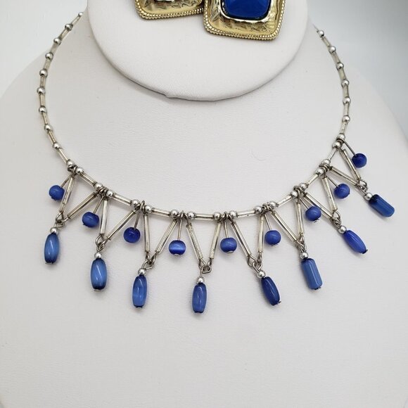 Huge Jewelry Lot of Blue and Silver Gold Tone Necklaces Bracelets Earrings Pins - Picture 13 of 15